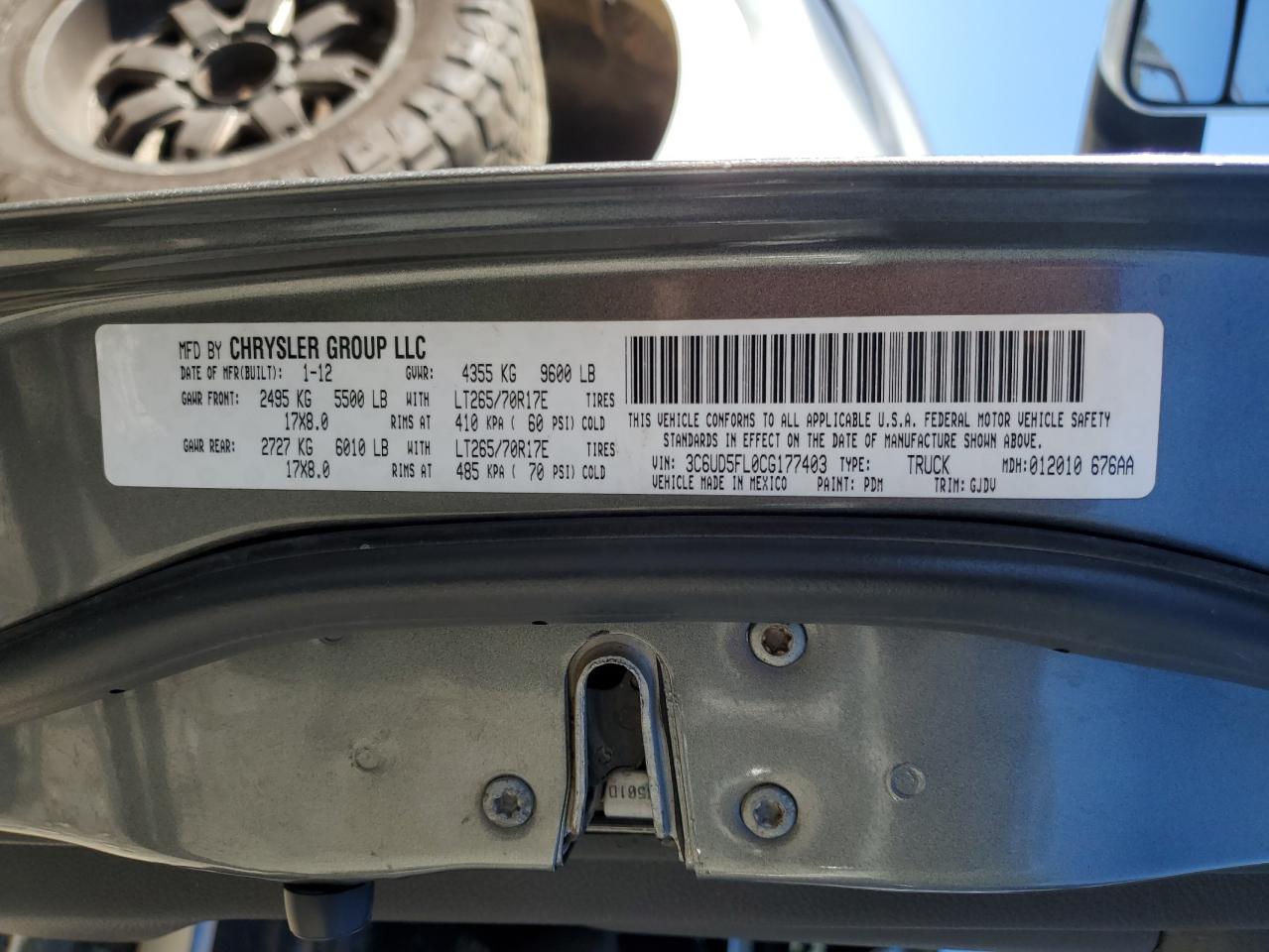 2012 Dodge Ram 2500 Laramie VIN: 3C6UD5FL0CG177403 Lot: 89656645