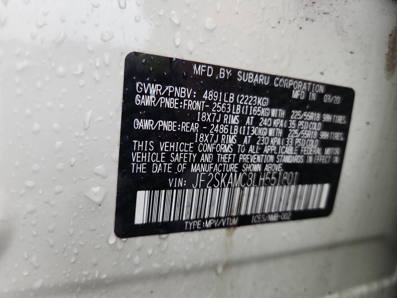 2020 Subaru Forester Sport VIN: JF2SKAMC8LH551801 Lot: 85513535