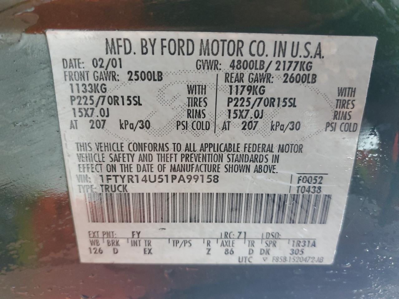 2001 Ford Ranger Super Cab VIN: 1FTYR14U51PA99158 Lot: 82465095