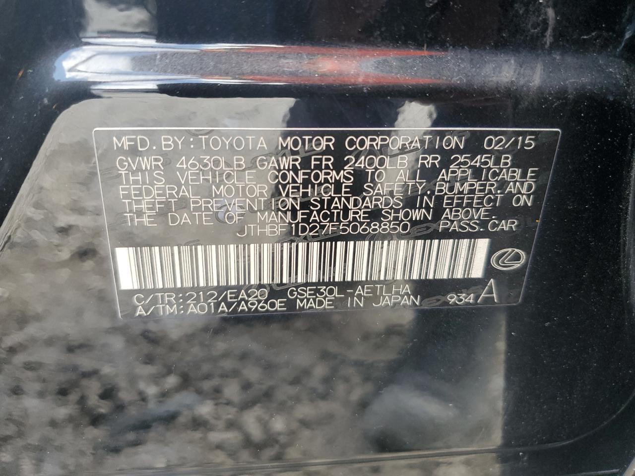 2015 Lexus Is 250 VIN: JTHBF1D27F5068850 Lot: 85932715