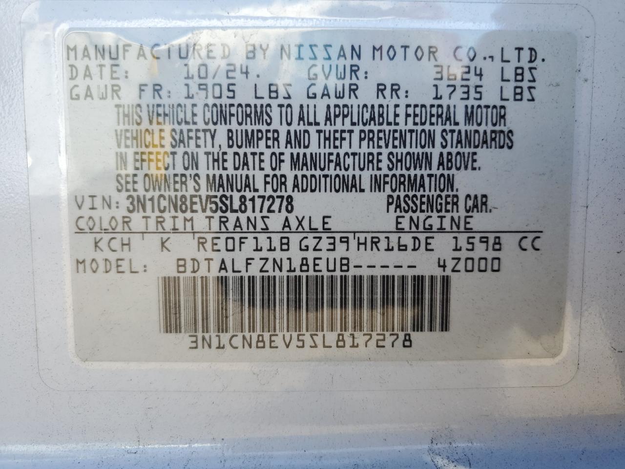 2025 Nissan Versa Sv VIN: 3N1CN8EV5SL817278 Lot: 84953035