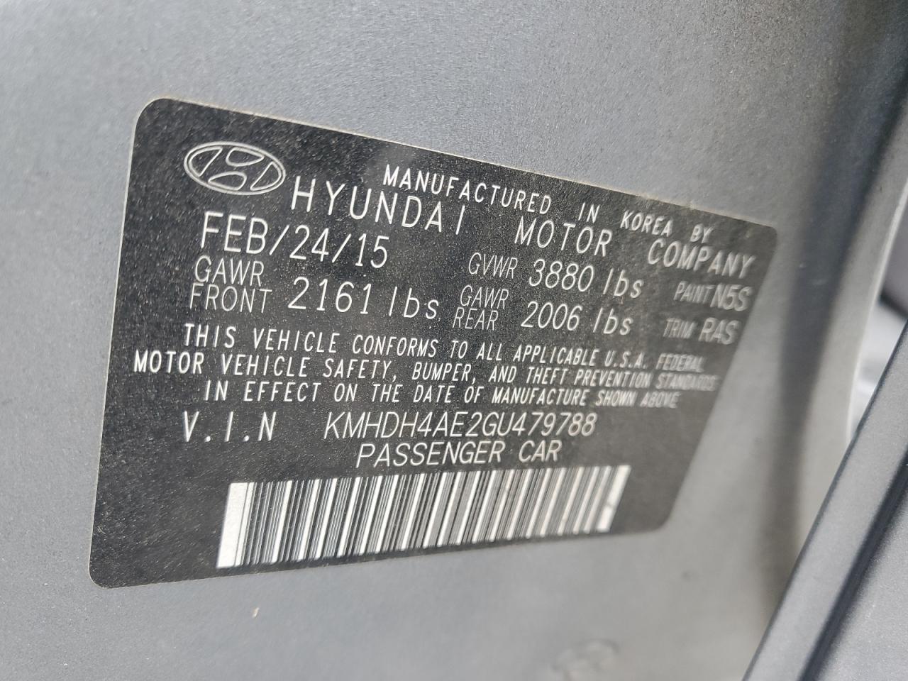 2016 Hyundai Elantra Se VIN: KMHDH4AE2GU479788 Lot: 85125275