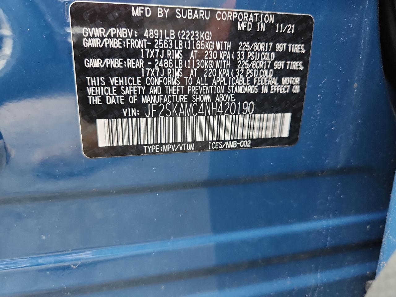 2022 Subaru Forester Wilderness VIN: JF2SKAMC4NH420190 Lot: 85542495