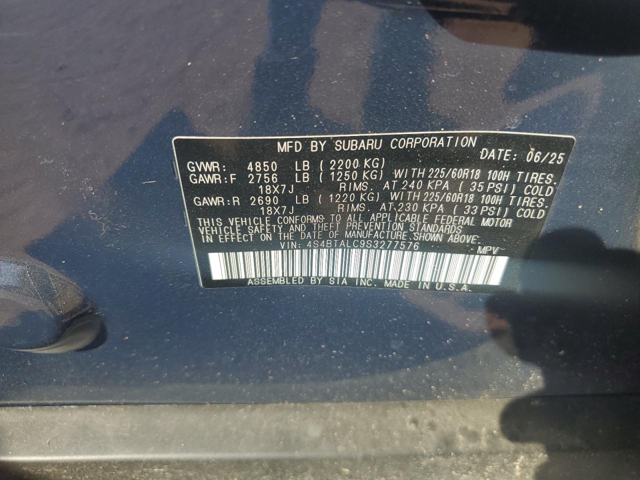 2025 Subaru Outback Onyx Edition VIN: 4S4BTALC9S3277576 Lot: 84654025