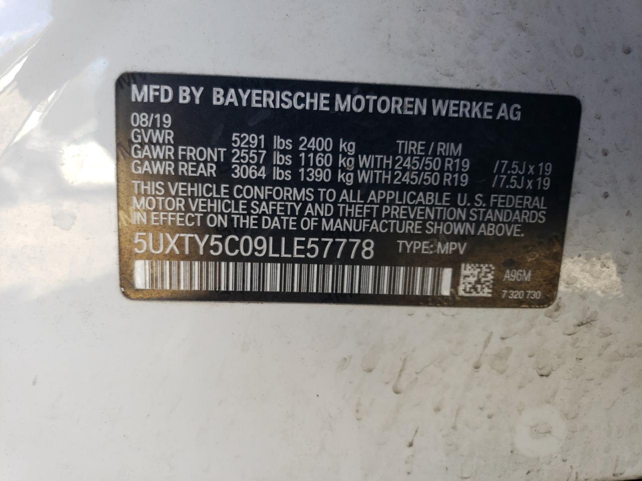 2020 BMW X3 xDrive30I VIN: 5UXTY5C09LLE57778 Lot: 87428915