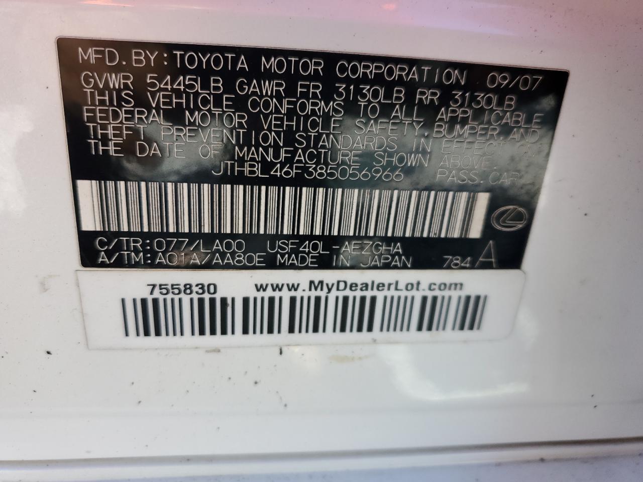 2008 Lexus Ls 460 VIN: JTHBL46F385056966 Lot: 86056575