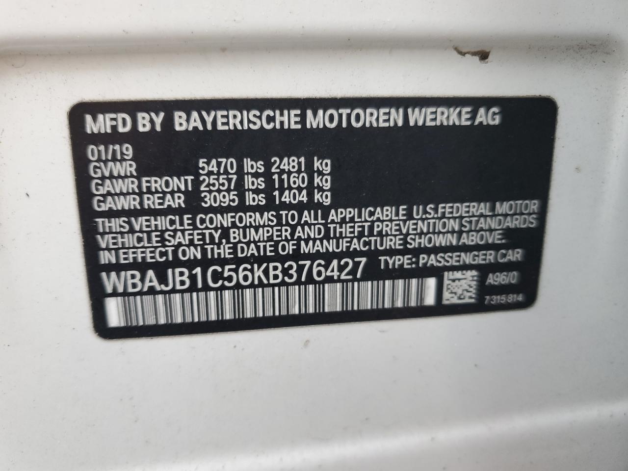 2019 BMW 530Xe VIN: WBAJB1C56KB376427 Lot: 86803255