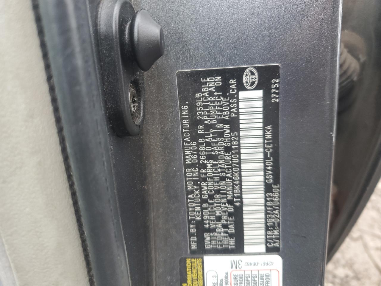 2007 Toyota Camry Le VIN: 4T1BK46K07U011825 Lot: 86702625