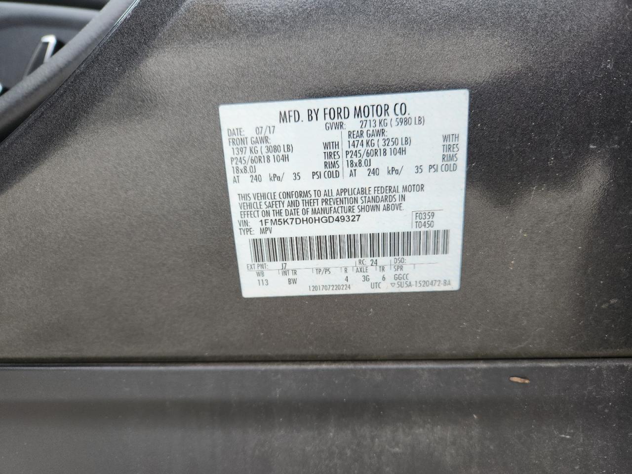 2017 Ford Explorer Xlt VIN: 1FM5K7DH0HGD49327 Lot: 82248935