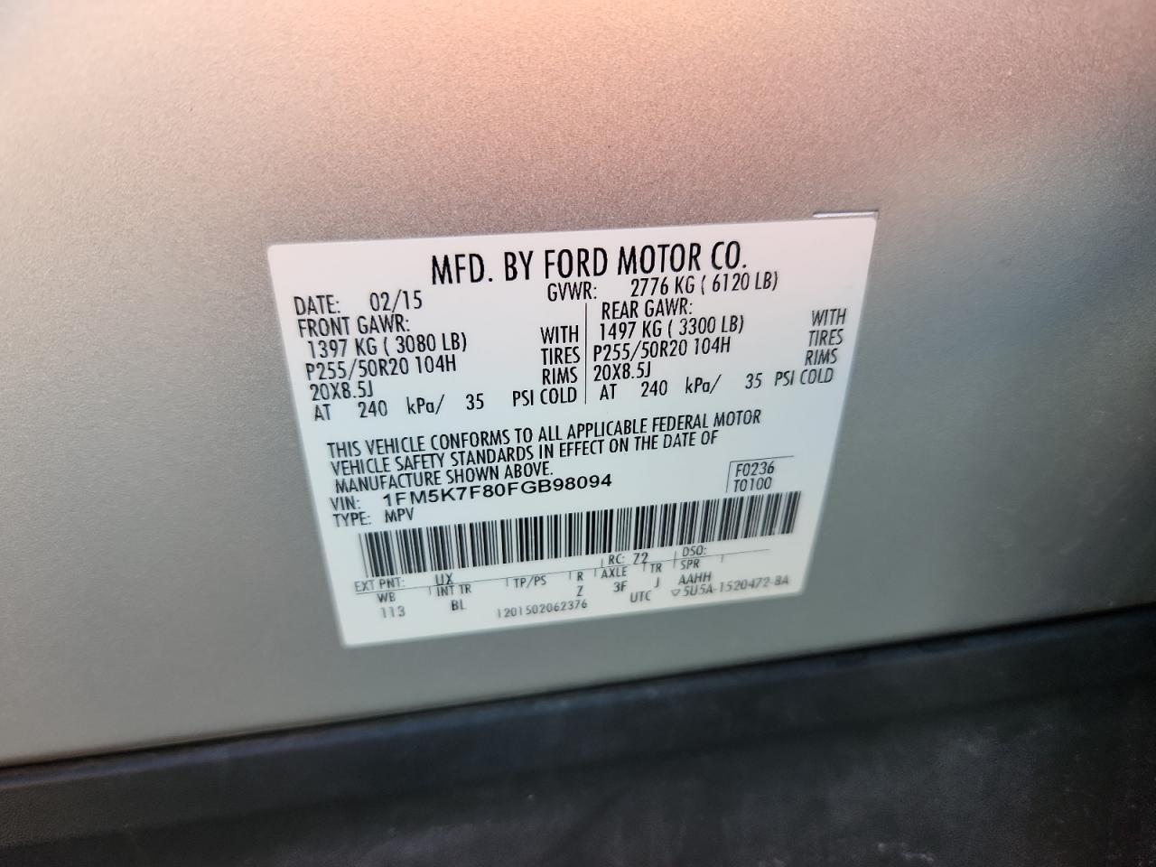 2015 Ford Explorer Limited VIN: 1FM5K7F80FGB98094 Lot: 91069875