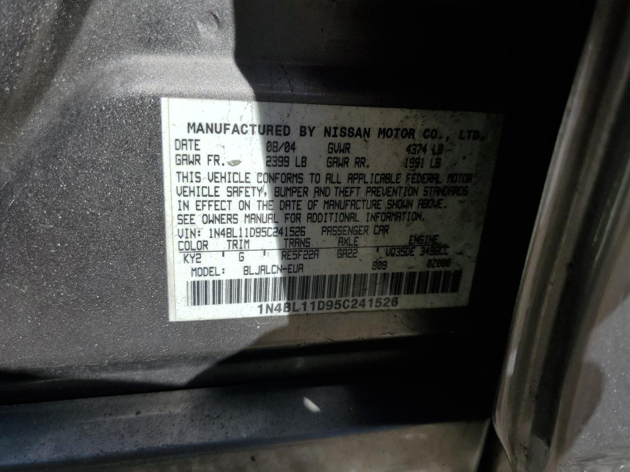 2005 Nissan Altima Se VIN: 1N4BL11D95C241526 Lot: 80553825