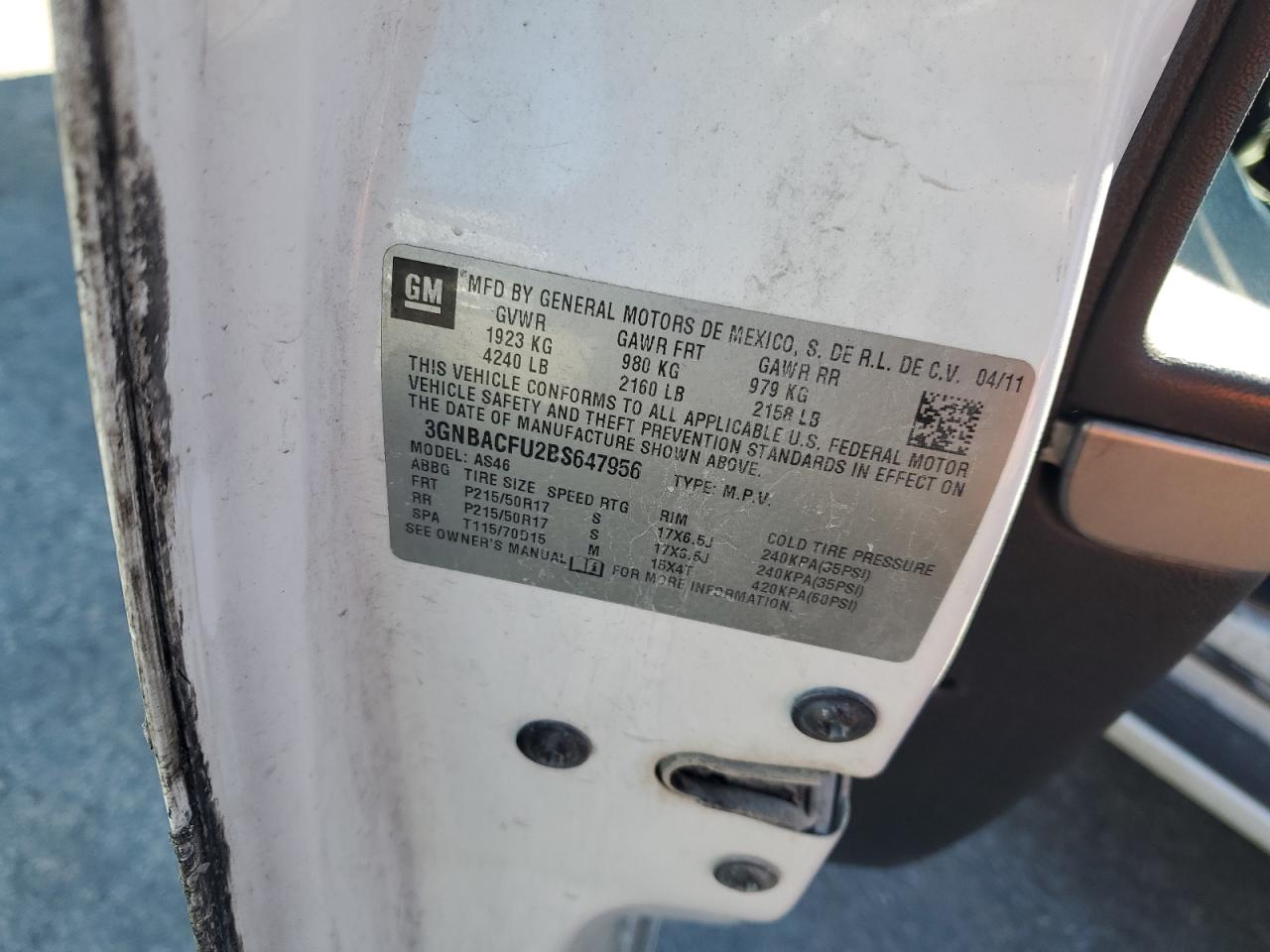 2011 Chevrolet Hhr Lt VIN: 3GNBACFU2BS647956 Lot: 89476095