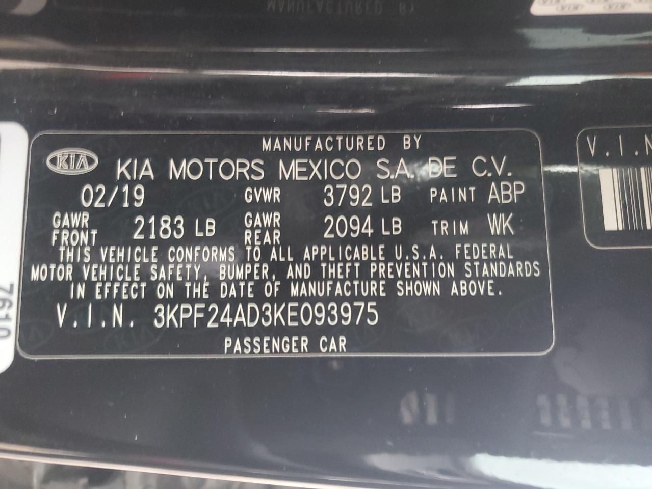 2019 Kia Forte Fe VIN: 3KPF24AD3KE093975 Lot: 87489185