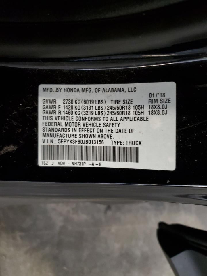 2018 Honda Ridgeline Rtl VIN: 5FPYK3F60JB013156 Lot: 86636695