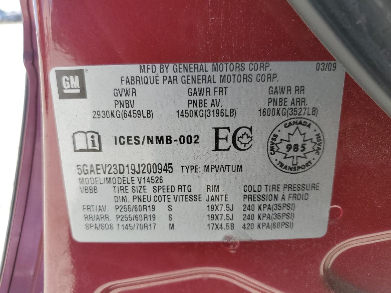 2009 Buick Enclave Cxl VIN: 5GAEV23D19J200945 Lot: 86301095