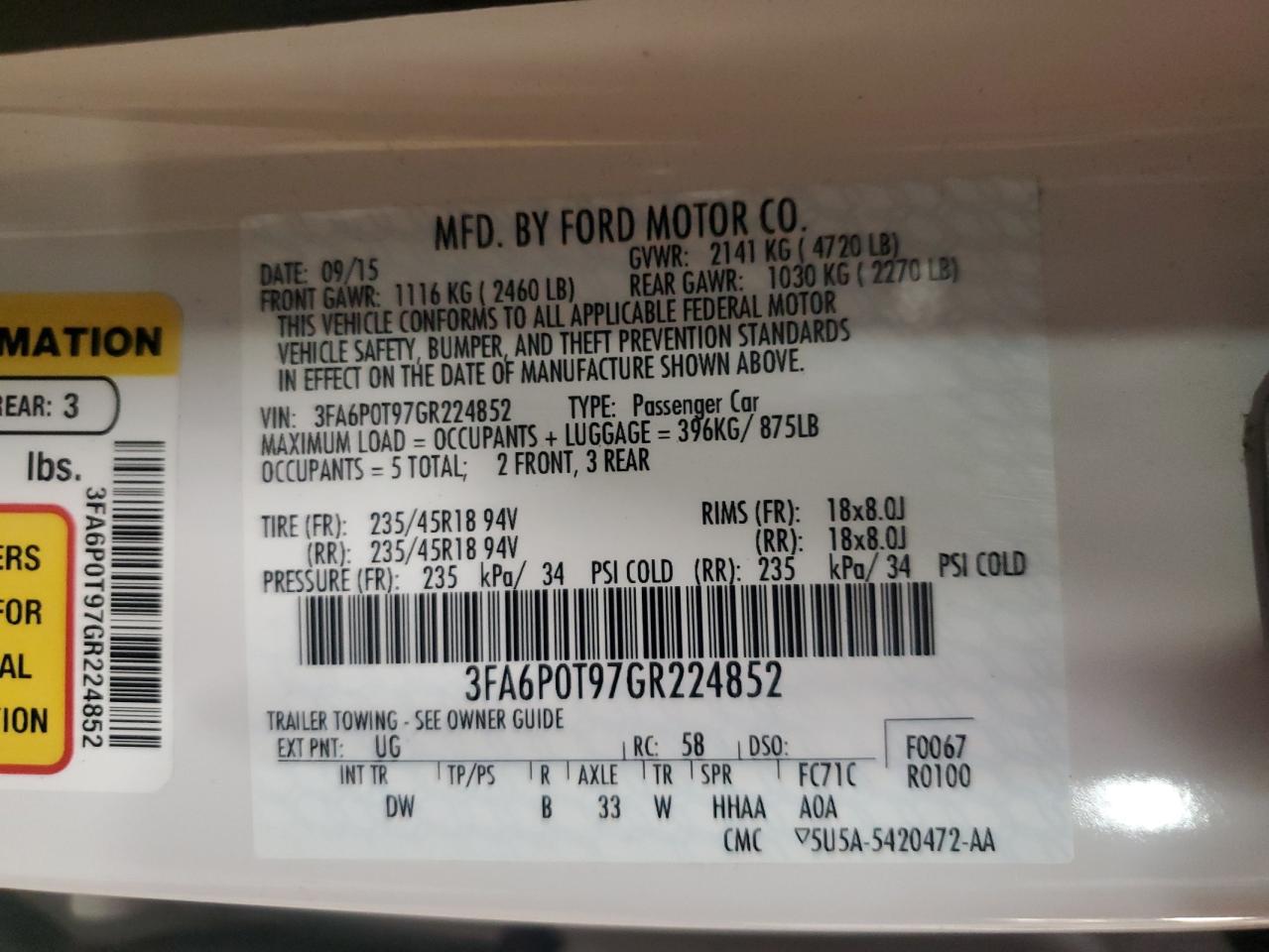 2016 Ford Fusion Se VIN: 3FA6P0T97GR224852 Lot: 86504835