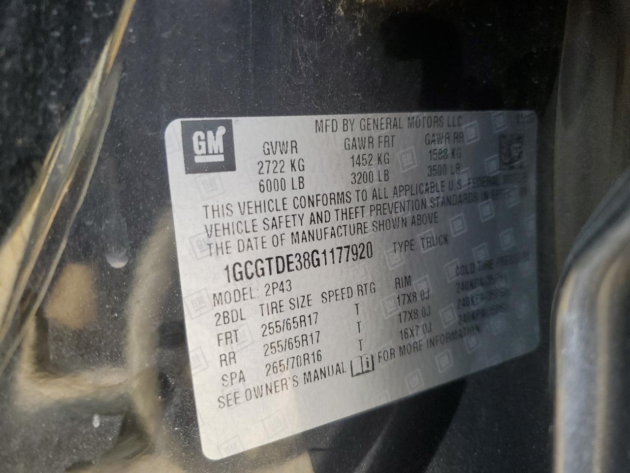 2016 Chevrolet Colorado Z71 VIN: 1GCGTDE38G1177920 Lot: 81898645