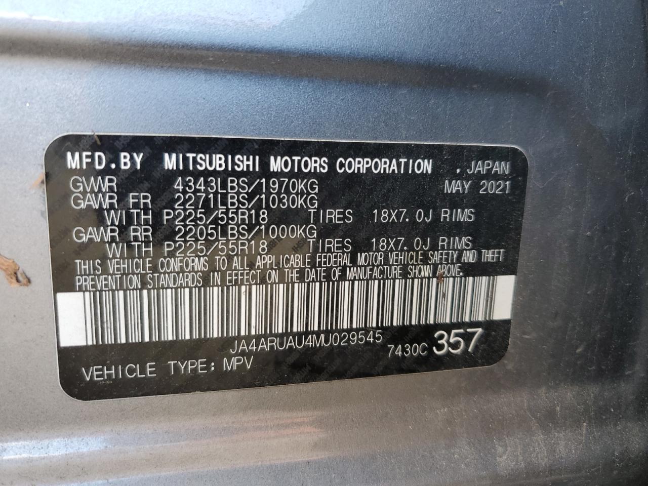 2021 Mitsubishi Outlander Sport Es VIN: JA4ARUAU4MU029545 Lot: 90837635