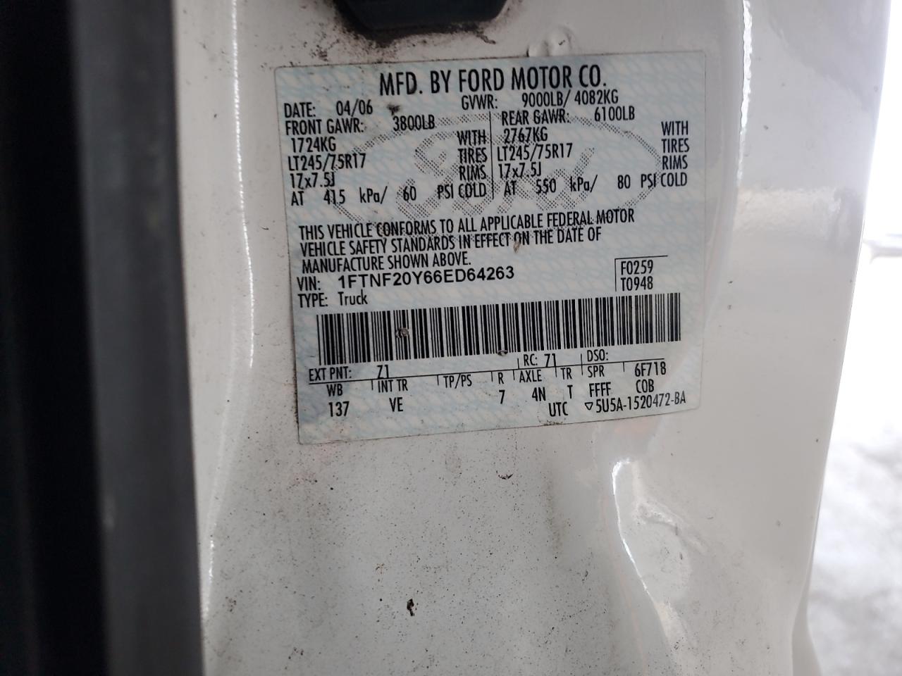 2006 Ford F250 Super Duty VIN: 1FTNF20Y66ED64263 Lot: 86525145