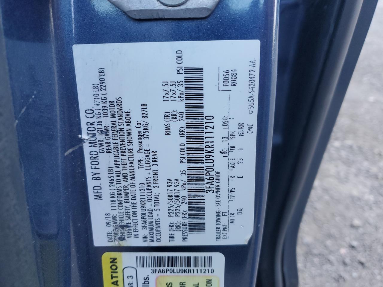 2019 Ford Fusion Se VIN: 3FA6P0LU9KR111210 Lot: 82005915