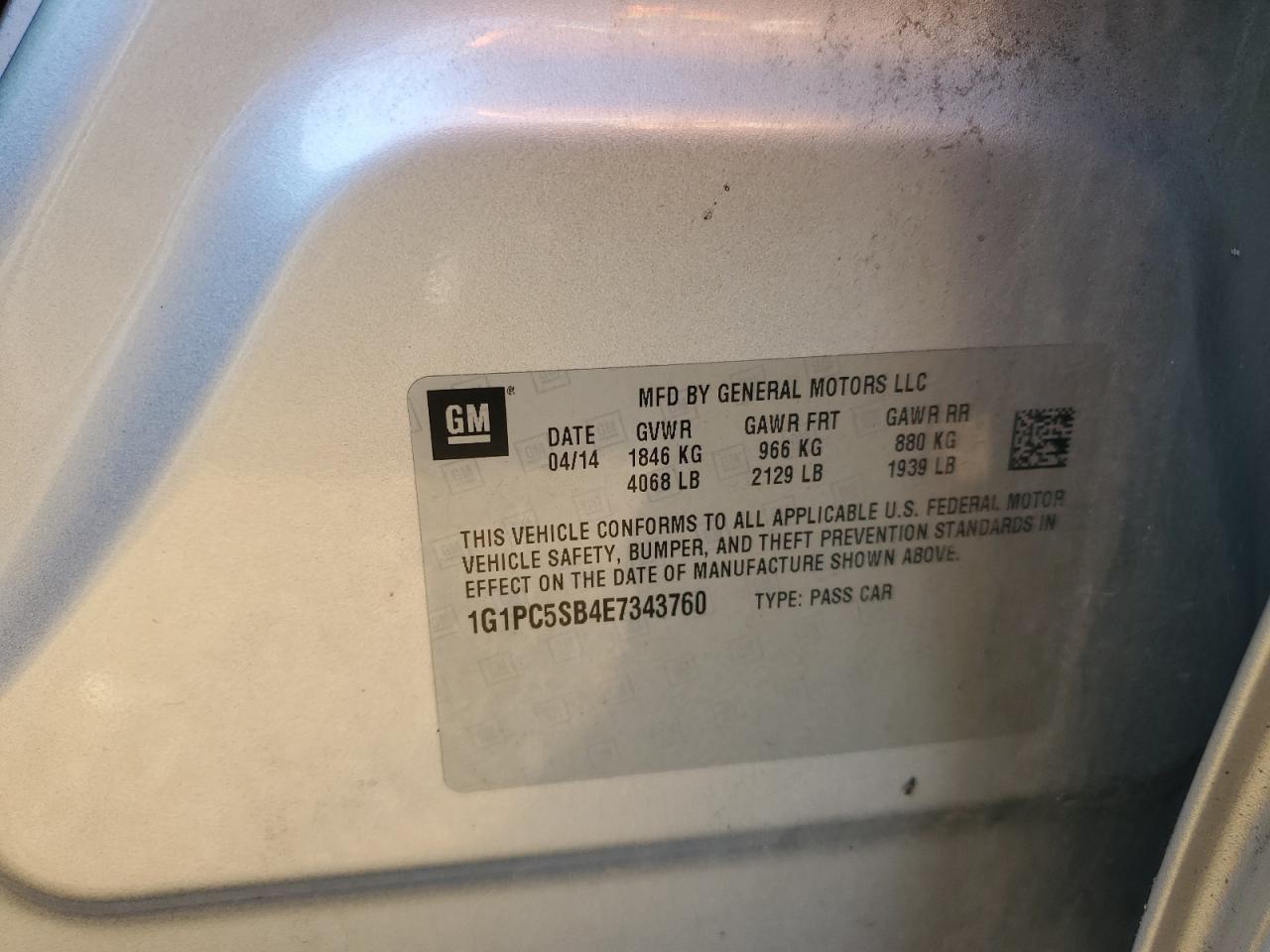 2014 Chevrolet Cruze Lt VIN: 1G1PC5SB4E7343760 Lot: 85713015