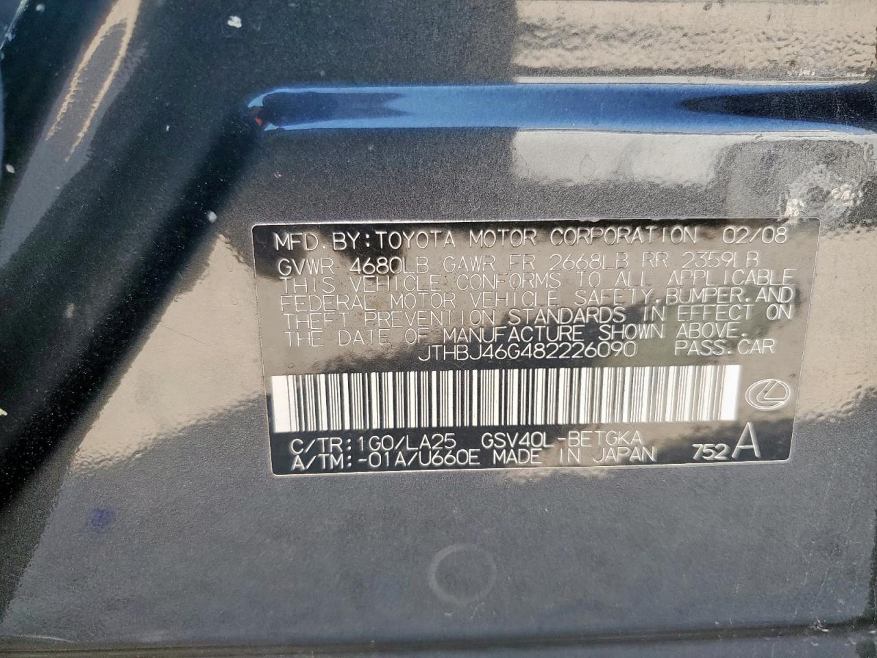 2008 Lexus Es 350 VIN: JTHBJ46G482226090 Lot: 81992365