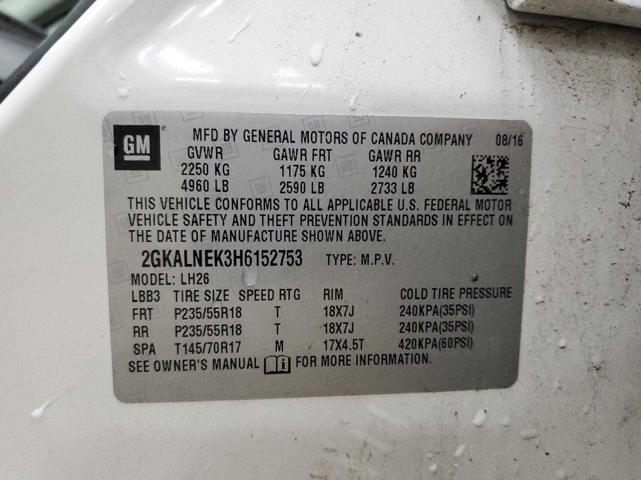 2017 GMC Terrain Sle VIN: 2GKALNEK3H6152753 Lot: 86253855