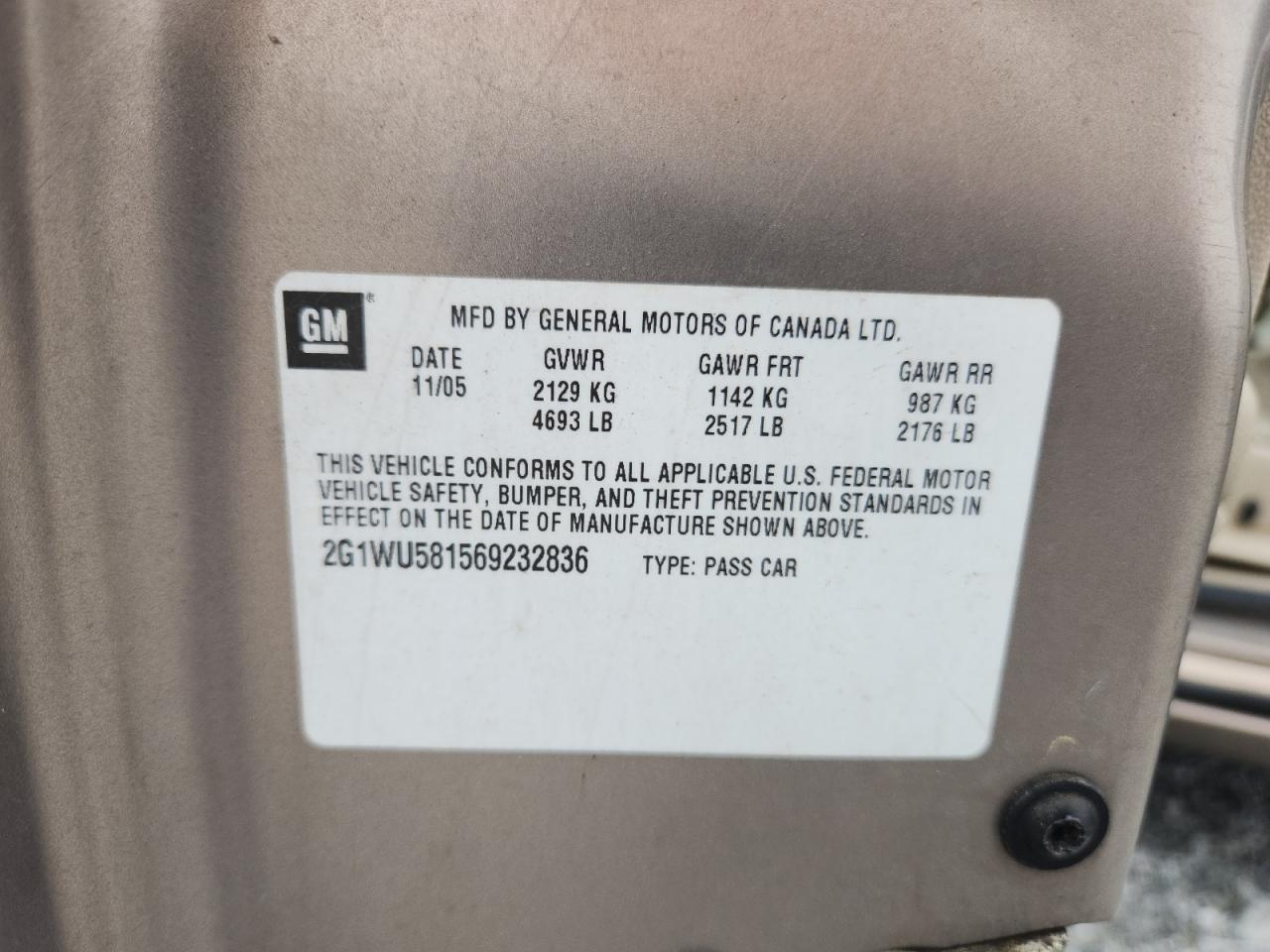 2006 Chevrolet Impala Ltz VIN: 2G1WU581569232836 Lot: 85756475