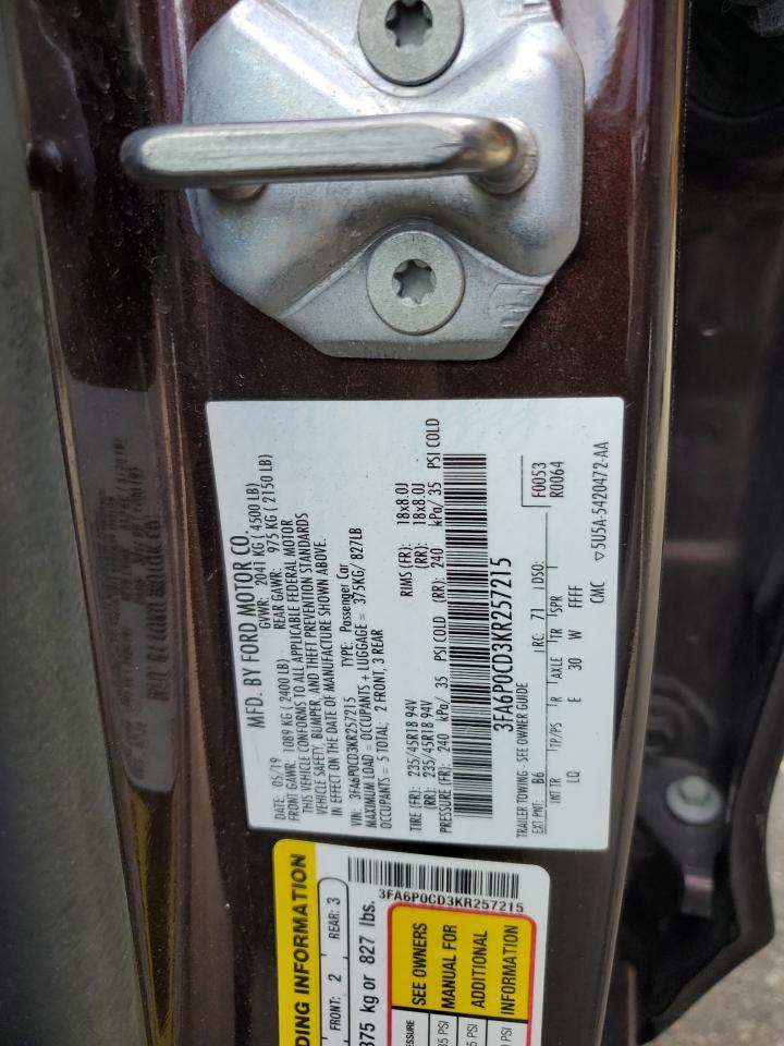 2019 Ford Fusion Sel VIN: 3FA6P0CD3KR257215 Lot: 89706375