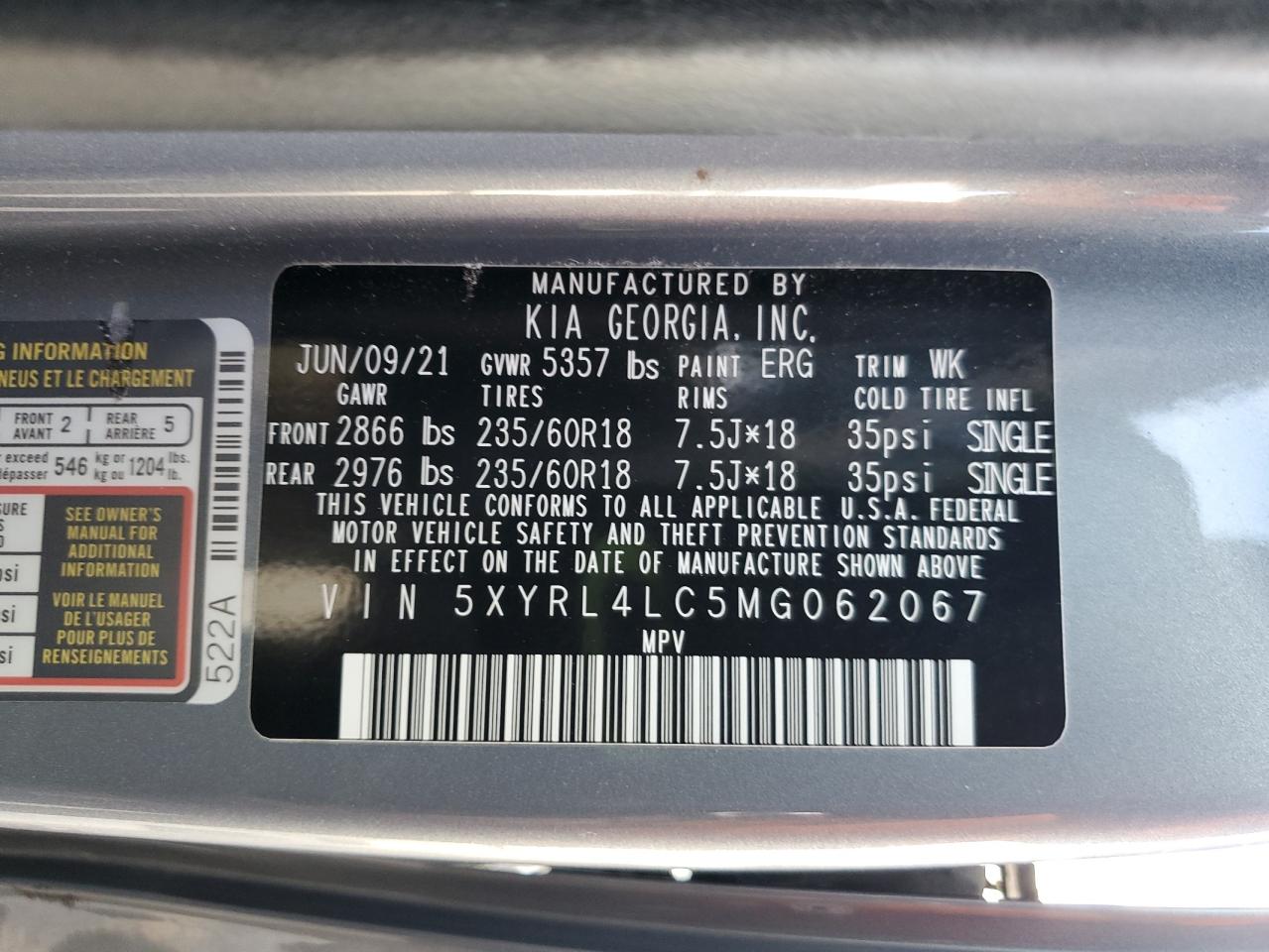 2021 Kia Sorento S VIN: 5XYRL4LC5MG062067 Lot: 85001055