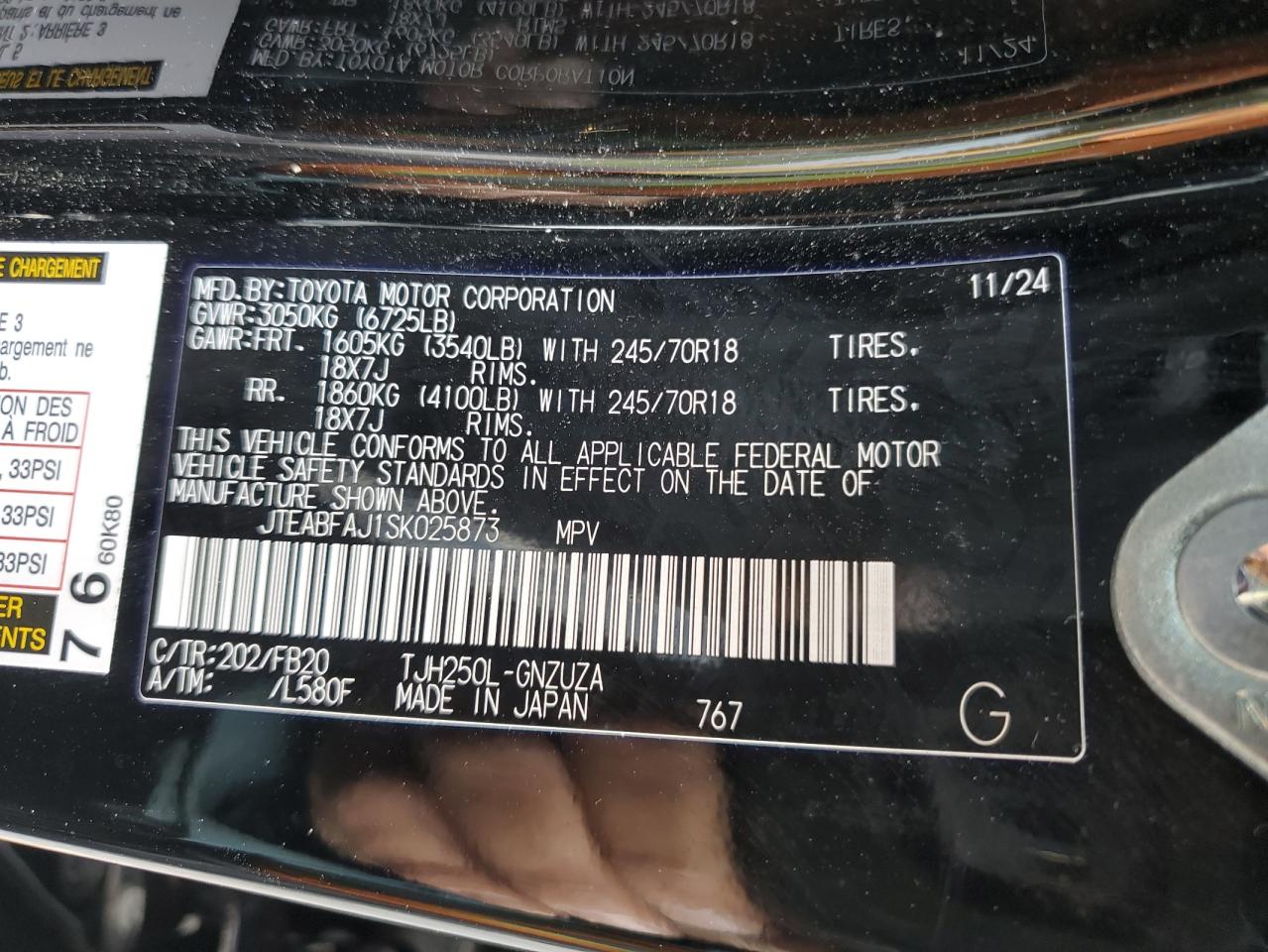 2025 Toyota Land Cruiser Base VIN: JTEABFAJ1SK025873 Lot: 87450415