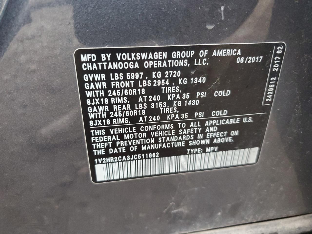 2018 Volkswagen Atlas VIN: 1V2HR2CA3JC511662 Lot: 82290365