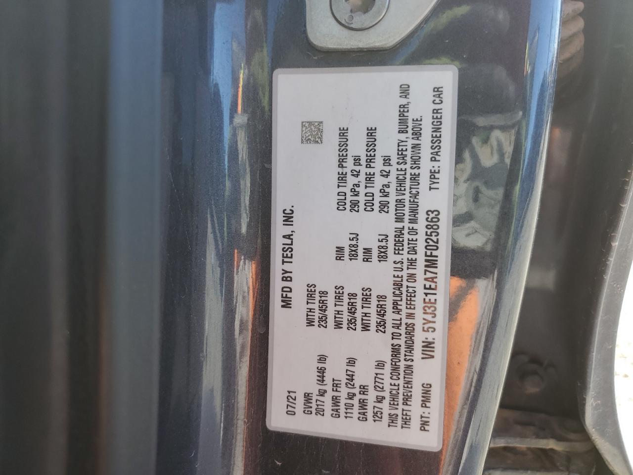 2021 Tesla Model 3 VIN: 5YJ3E1EA7MF025863 Lot: 87480225