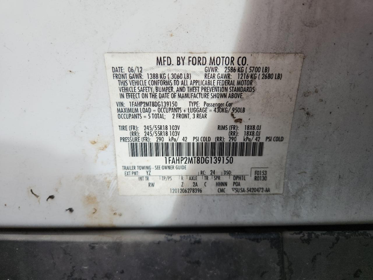 2013 Ford Taurus Police Interceptor VIN: 1FAHP2MT8DG139150 Lot: 85326095