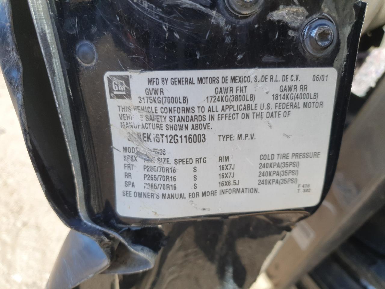 2002 Chevrolet Avalanche K1500 VIN: 3GNEK13T12G116003 Lot: 89861515