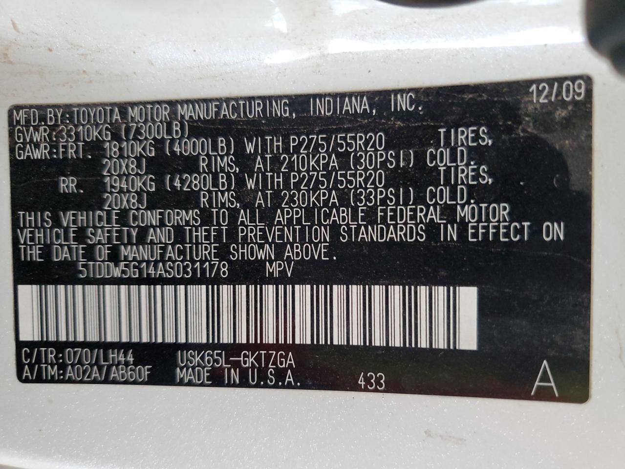 2010 Toyota Sequoia Platinum VIN: 5TDDW5G14AS031178 Lot: 84625715