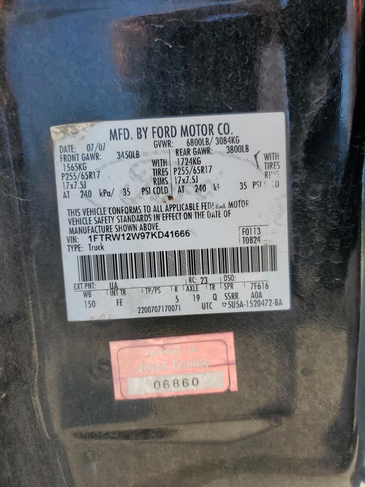 2007 Ford F-150 Xlt Su VIN: 1FTRW12W97KD41666 Lot: 84791535