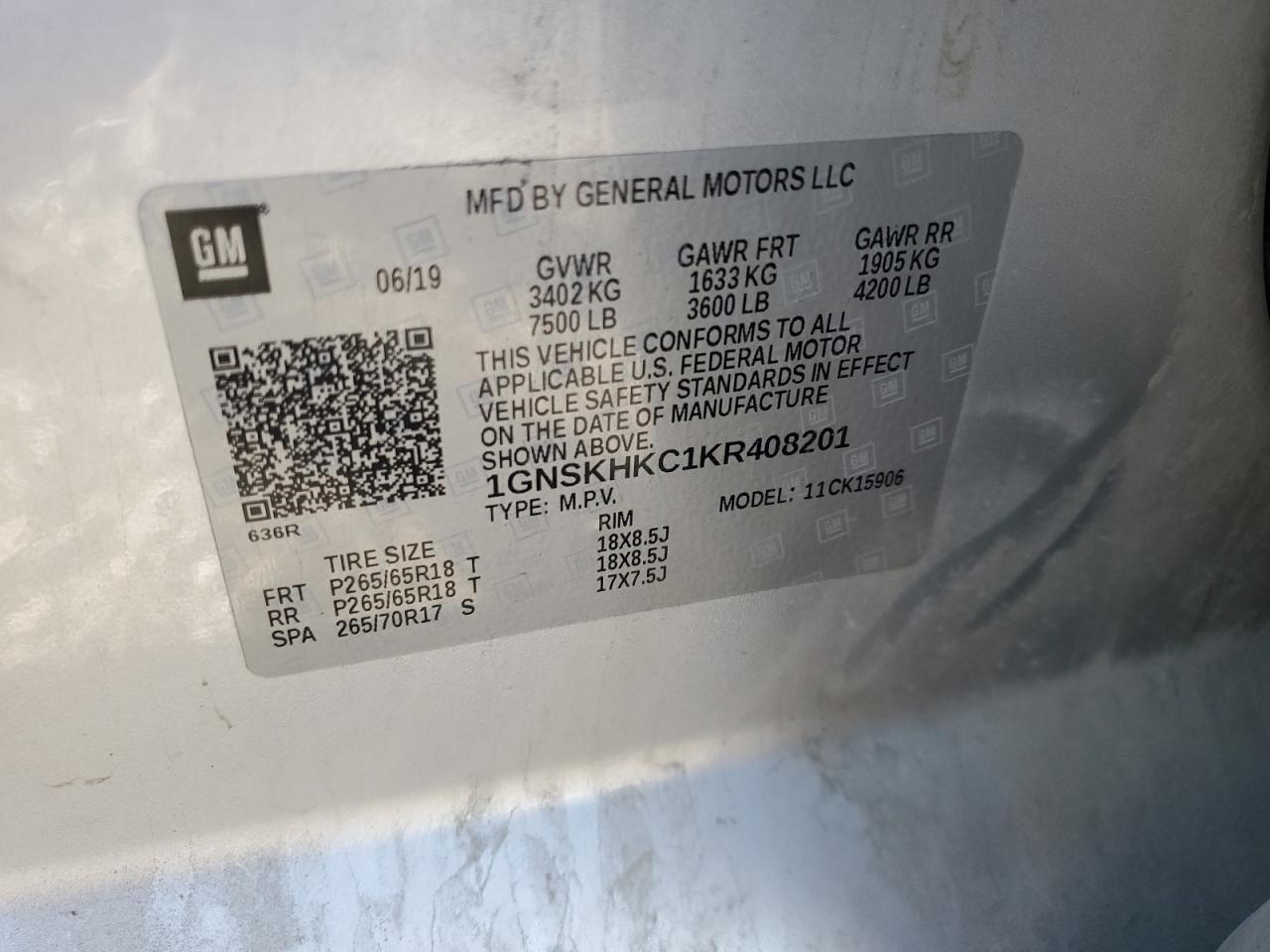 2019 Chevrolet Suburban K1500 Lt VIN: 1GNSKHKC1KR408201 Lot: 84291385