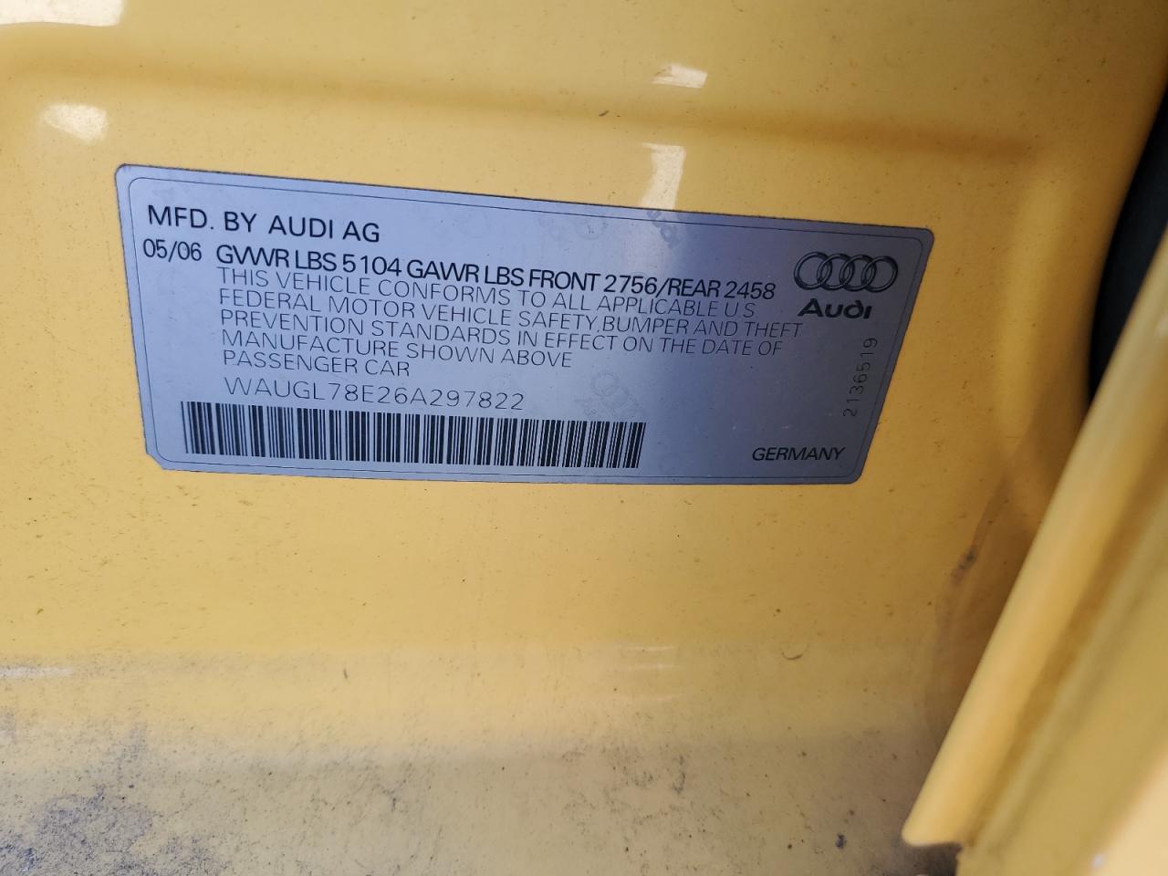 2006 Audi S4 Quattro VIN: WAUGL78E26A297822 Lot: 89545665