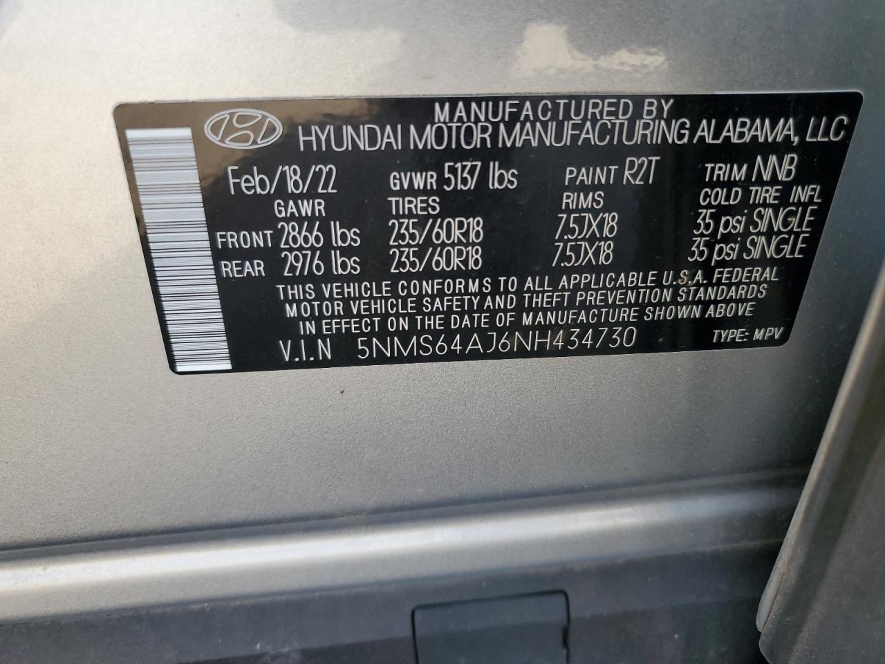 2022 Hyundai Santa Fe Sel VIN: 5NMS64AJ6NH434730 Lot: 84953535