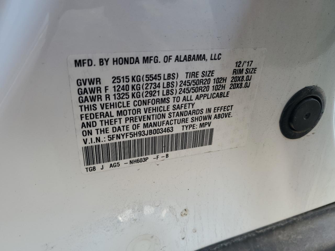 2018 Honda Pilot Touring VIN: 5FNYF5H93JB003463 Lot: 82285385