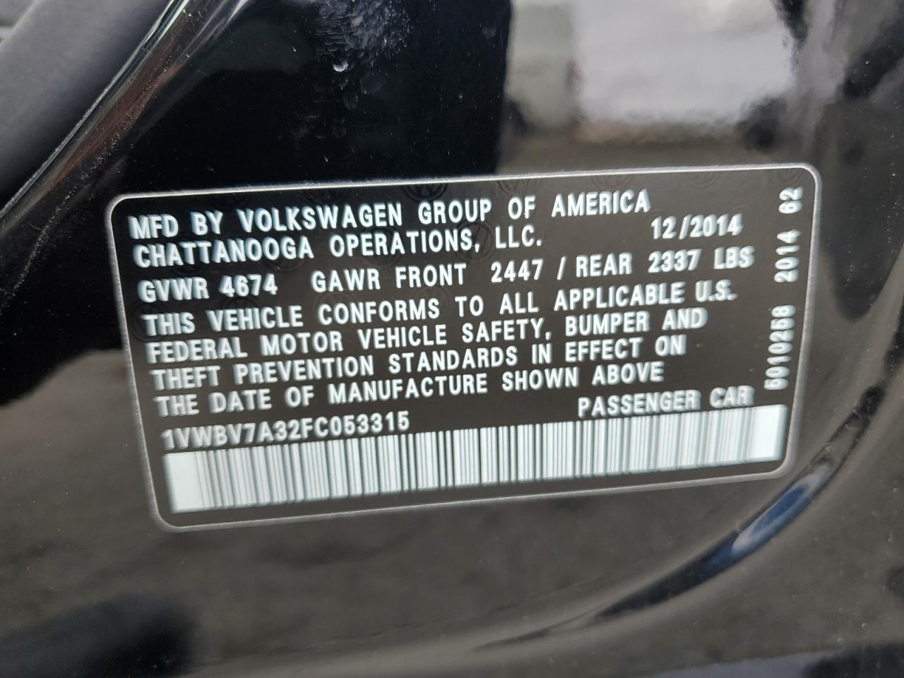 2015 Volkswagen Passat Se VIN: 1VWBV7A32FC053315 Lot: 85160455