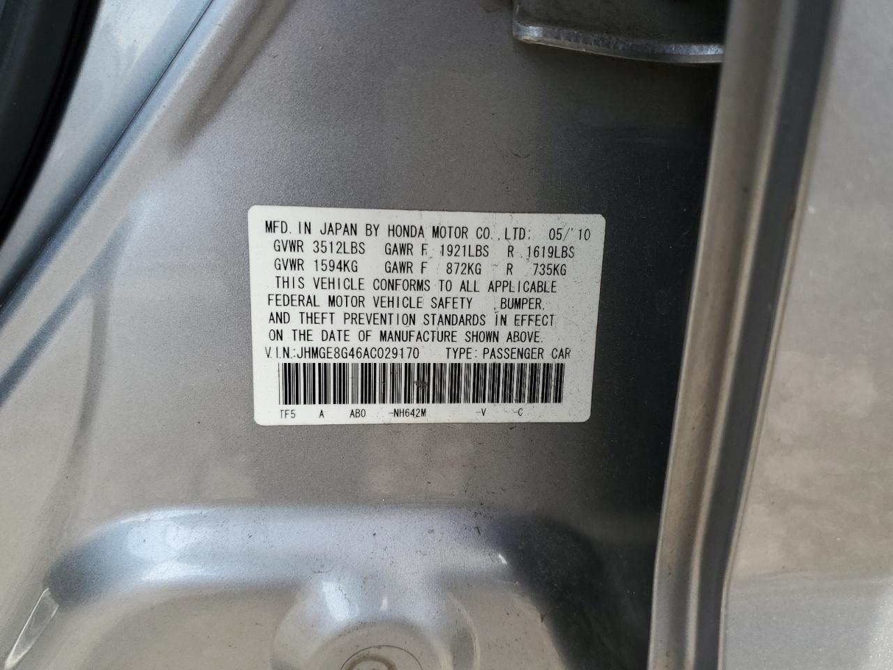 2010 Honda Fit Sport VIN: JHMGE8G46AC029170 Lot: 84657895