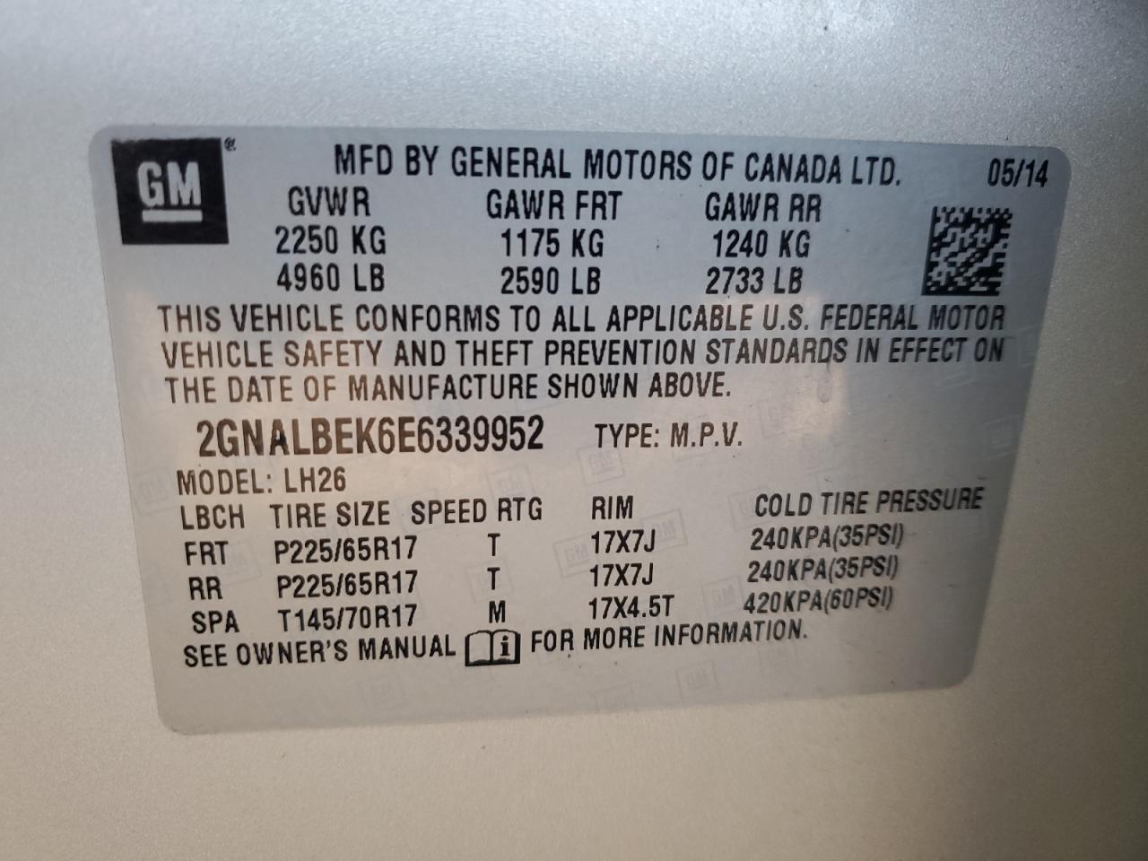 2014 Chevrolet Equinox Lt VIN: 2GNALBEK6E6339952 Lot: 81498735