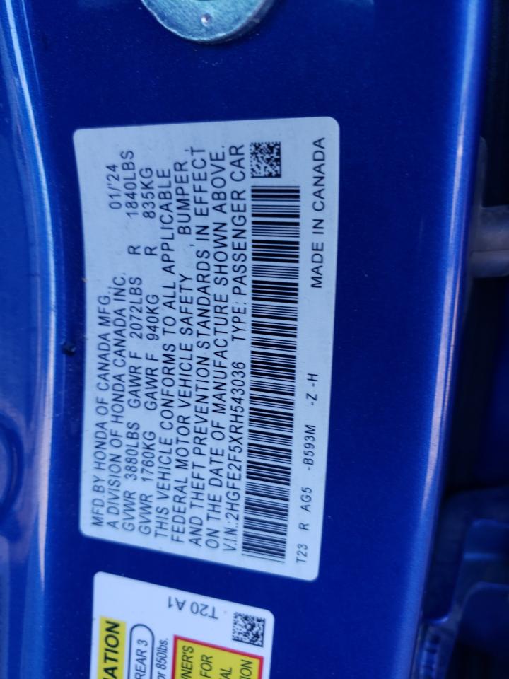 2024 Honda Civic Sport VIN: 2HGFE2F5XRH543036 Lot: 84602305
