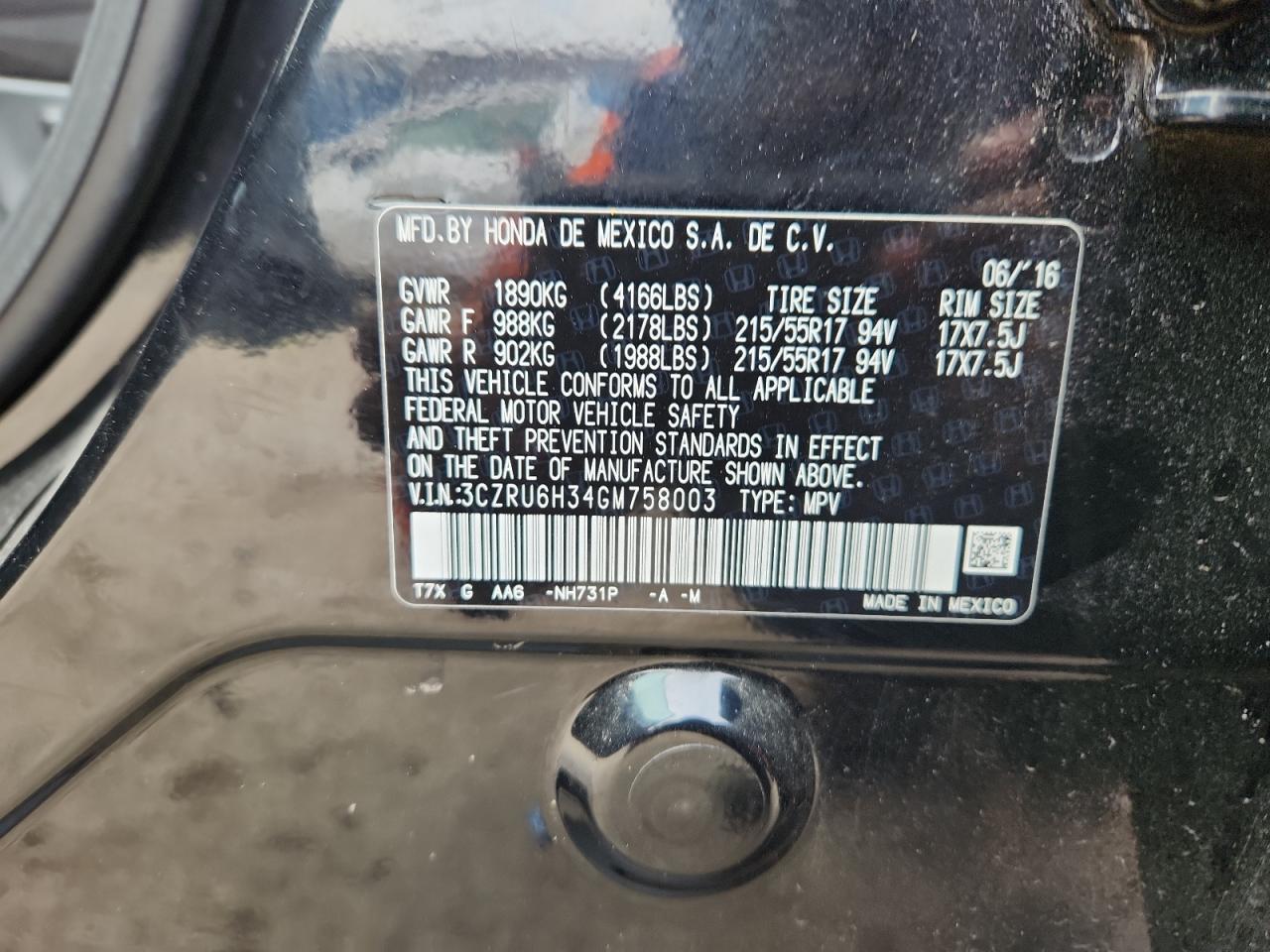 2016 Honda Hr-V Lx VIN: 3CZRU6H34GM758003 Lot: 85763965