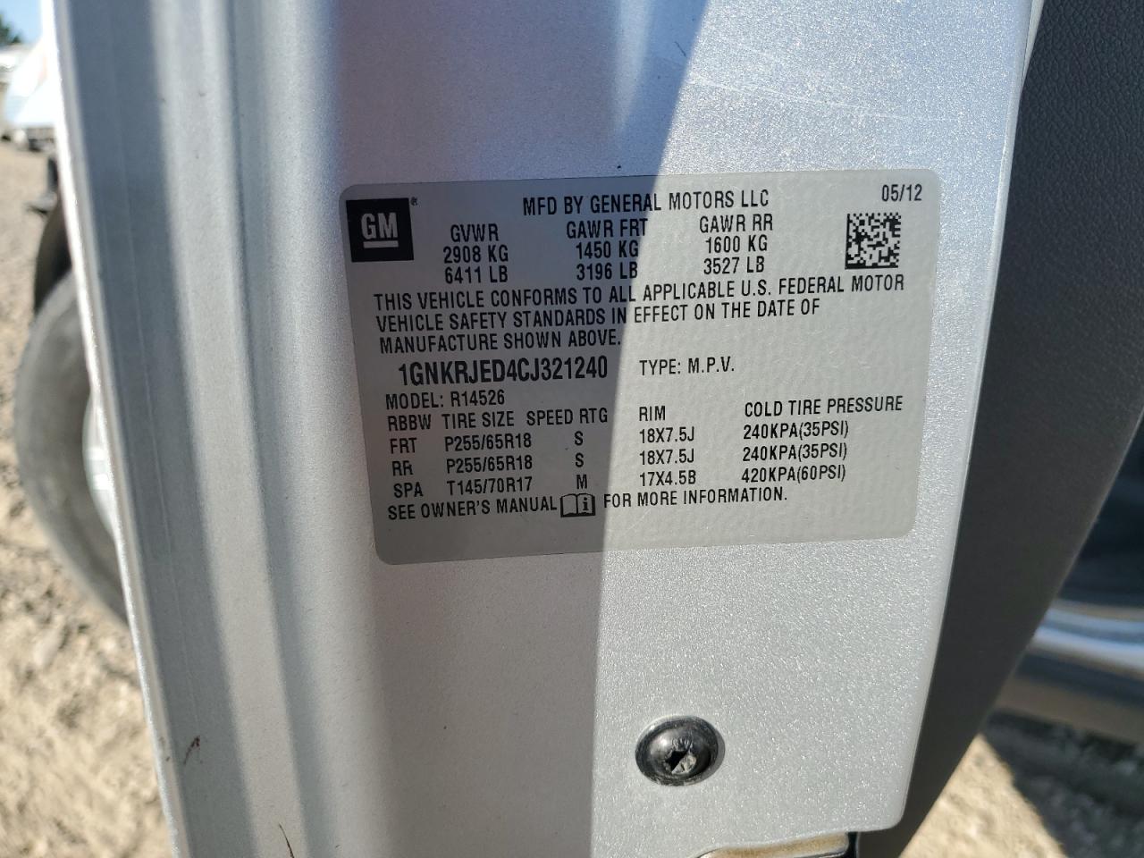 2012 Chevrolet Traverse Lt VIN: 1GNKRJED4CJ321240 Lot: 85923895