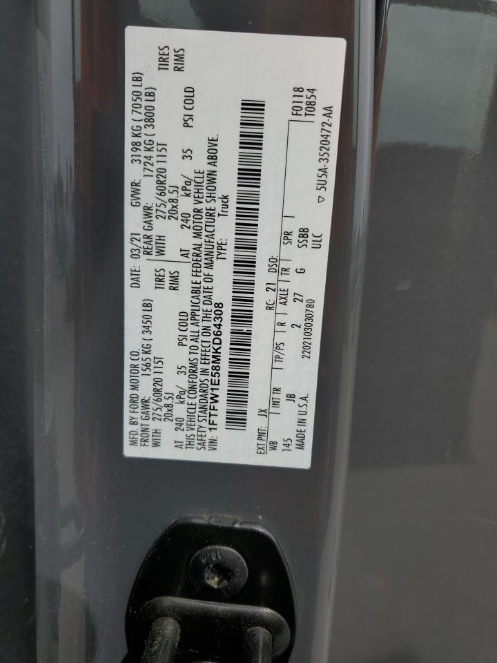 2021 Ford F150 Supercrew VIN: 1FTFW1E58MKD64308 Lot: 85489205