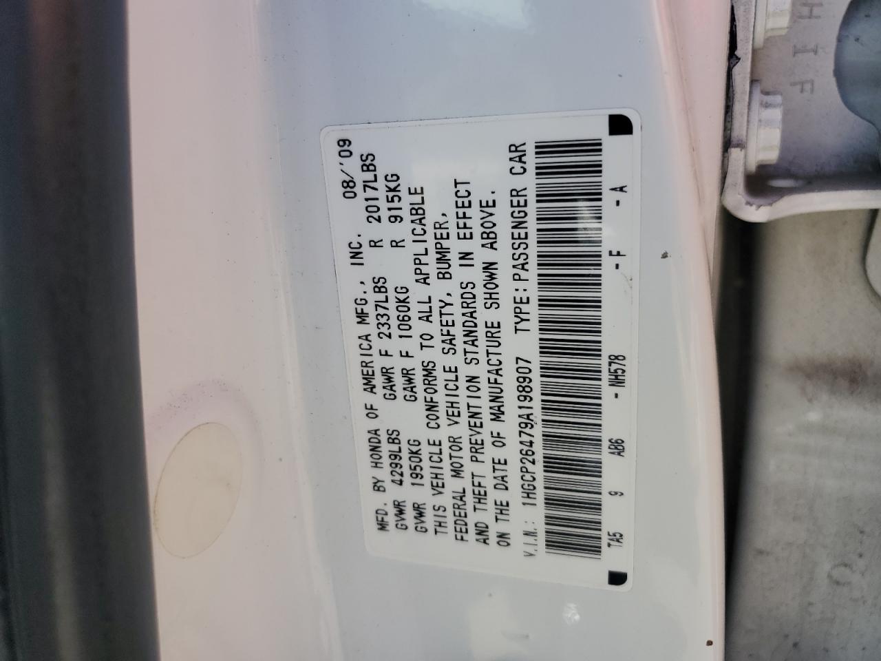 2009 Honda Accord Lxp VIN: 1HGCP26479A198907 Lot: 85764265