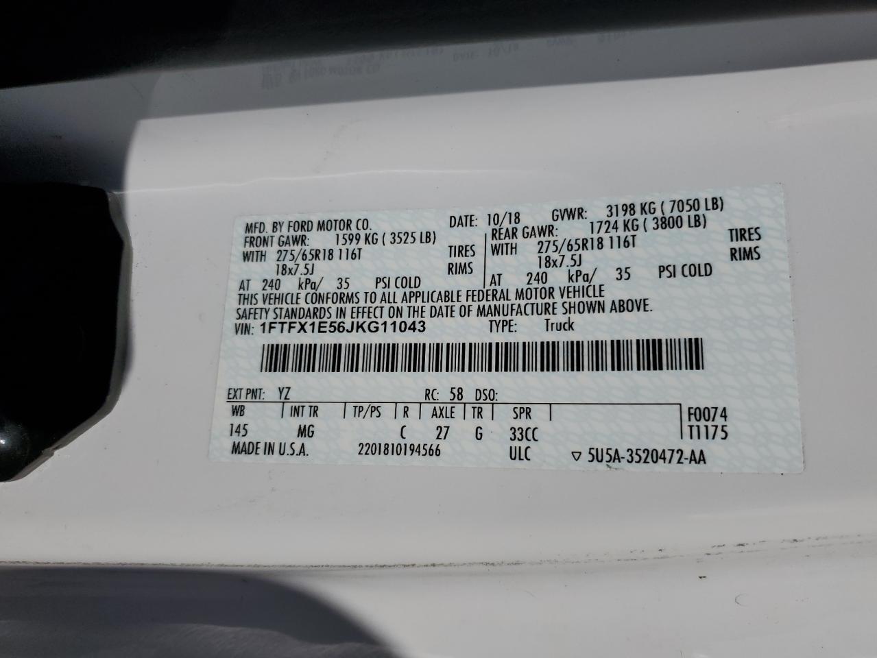 2018 Ford F150 Super Cab VIN: 1FTFX1E56JKG11043 Lot: 84902375